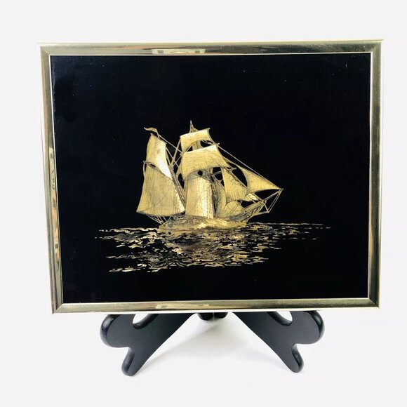 Vtg 80s Gold Foil Art Etching Sailboat Pirate Ship Sea Picture Frame Iridescent - Picture 1 of 10